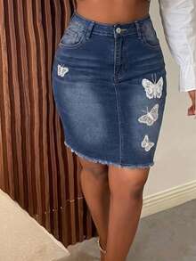 蝴蝶結休閒優雅可愛毛邊牛仔裙，適合約會之夜、日常穿著、旅行、早午餐、鄉村音樂節、機場，春/夏/秋季 - 深色水洗藍 - 查看 1