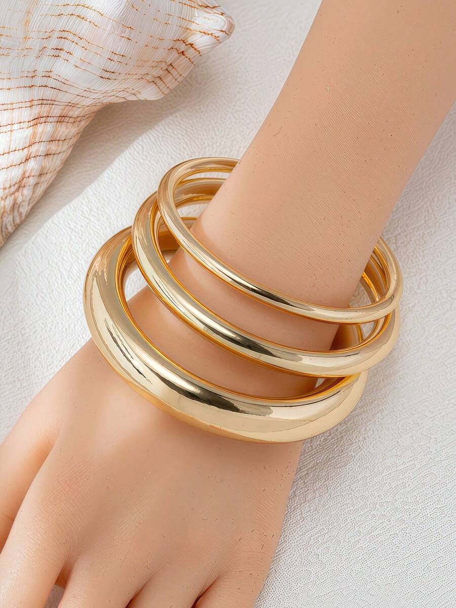 3件組 CCB 金色分層手鐲,細中寬金屬手鍊,小眾高端飾品 - 金色 - 查看 1