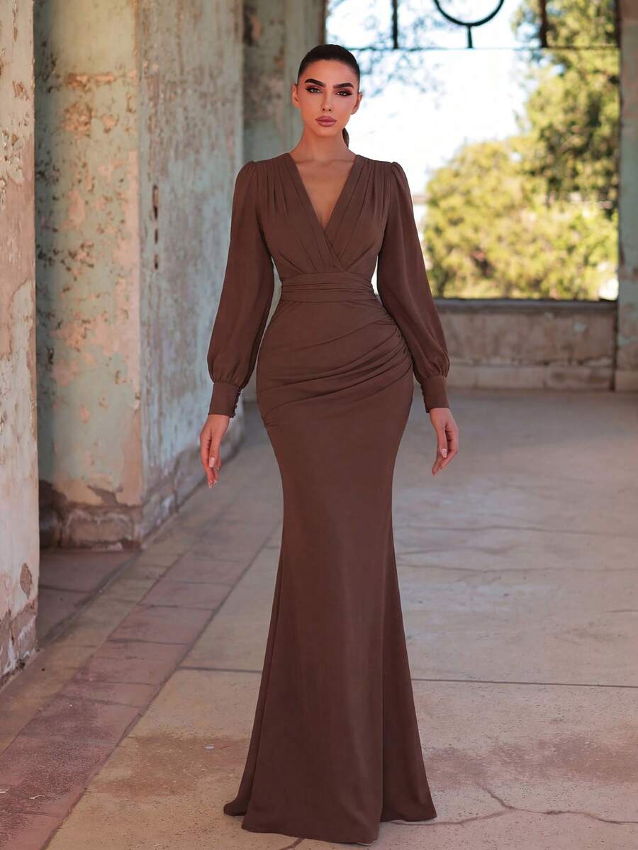 Faeriesty Elegant Chiffon Long Bridesmaid Dress, V-Neck Petal Sleeve Design With Ruffle & Satin Ribbon Wedding