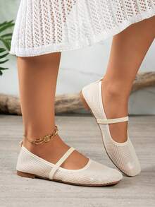 Spring Summer Mesh Breathable Ballet Shoes Square Toe Single Strap Women's Flat Shoes Daily Commute Versatile Slip-On - Beige - View 5
