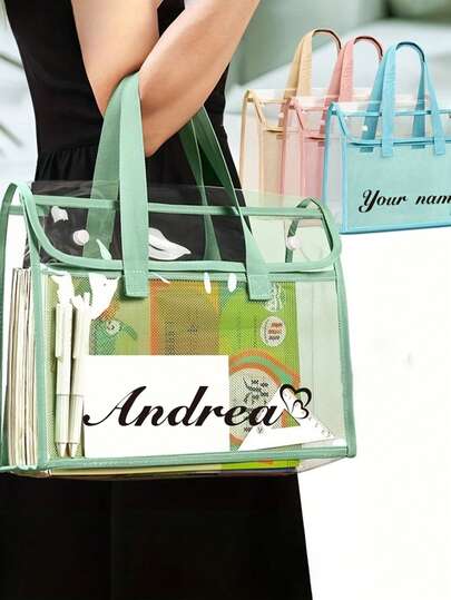 Customized Name Large Capacity Portable Transparent Waterproof Handheld Folder, Expandable File Storage Bag, PVC Self-Adhesive File Bag, Suitable For Students Back To School To Store School Supplies And Stationery, Back To School Season