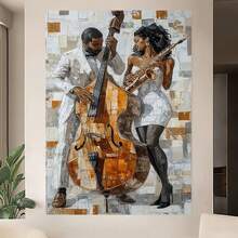 Enmarcado  plano 2D, 1 unidad, lienzo enmarcado con temática de música jazz - Póster de músicos de jazz en blanco y negro (contrabajo y saxofón) - Pintura vertical en tonos beige/marrón para decoración del hogar, oficina o bar - Uso exterior - Regalo de jazz para músicos - Enmarcado - Ver 3