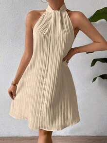 Solid Color Fitted Mini Dress With Knotted Neck And Pleats - Khaki - View 3