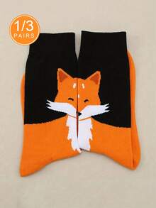 1/3 Pairs Color Block Cartoon Fox Pattern Fashion Personalized Unisex Socks, New Soft Comfortable Mid-Calf Socks Suitable For Daily Use - Multicolor - View 1