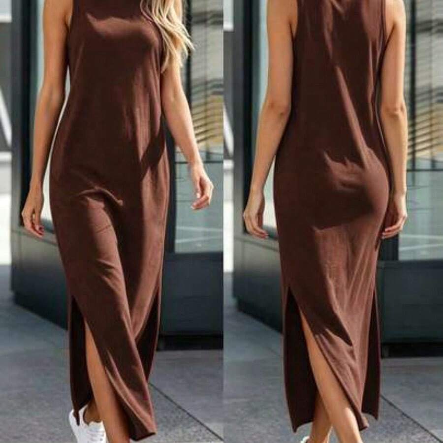 Vestido de punto casual de mujer con cuello redondo y dobladillo con abertura lateral en gris claro - Café integral - Ver 1