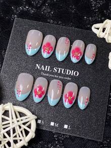 10pcs Summer Handmade Press-On Nails, Short Almond Shape, Nude Coffee Base With Milky Blue French Tips, Hand-Painted Pink Gradient Flowers And Polka Dots, Gold Bead Accents, Fresh Sweet Style, Versatile Design, Includes Manicure Tool Set, Quick Application And Removal - Baby Blue - View 3