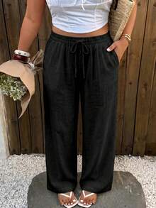 Vaiaye Women's Summer White Casual Linen Wide Leg Pants, Drawstring Elegant Trousers Suitable For Street Daily Wear And Beach Vacation Black - Black - View 10