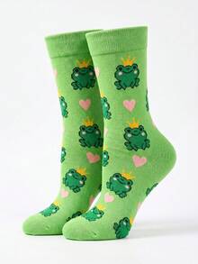 1 Pair Fashionable & Fun Mid-Calf Socks With Crown Frog Pattern, Unisex, Suitable For All Seasons - Multicolor - View 3