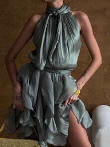 French-Style Halter Dress, New Summer 2026 Collection, Designer Style, Sleeveless, With Ribbons And Ruffles - Green - View 2