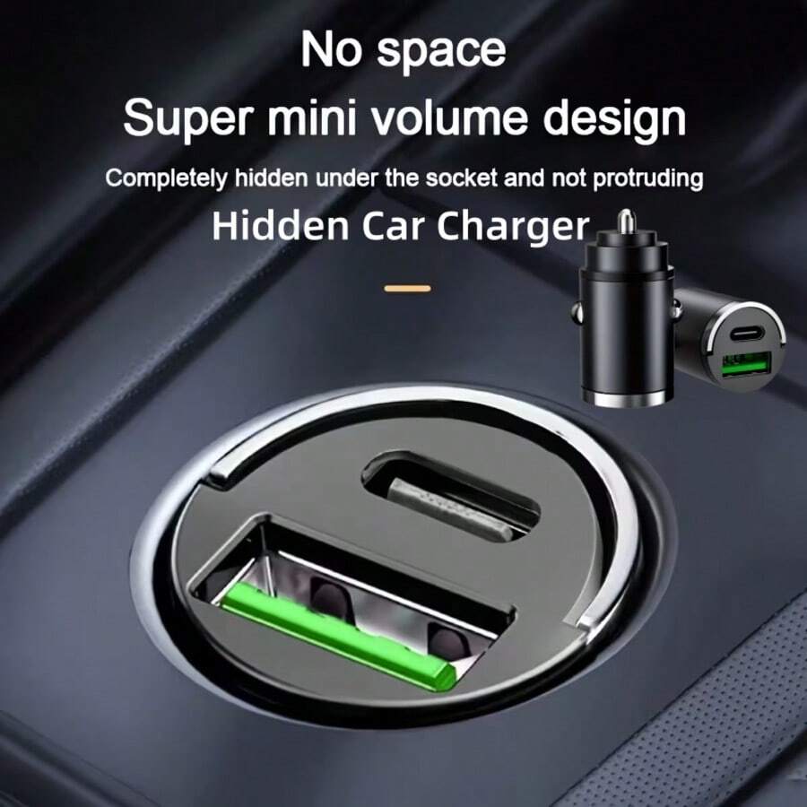 1入裝超迷你隱藏式車用充電器，雙口USB-A與Type-C快充車用充電器，拉環設計，輕巧低調車用轉接器，相容智慧型手機