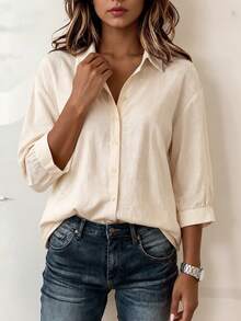 Summer New Loose Textured Breathable Short Sleeve Shirt For Women, Minimalist Style Suitable For Daily, Commuting, Office, School Wear - Apricot - View 1