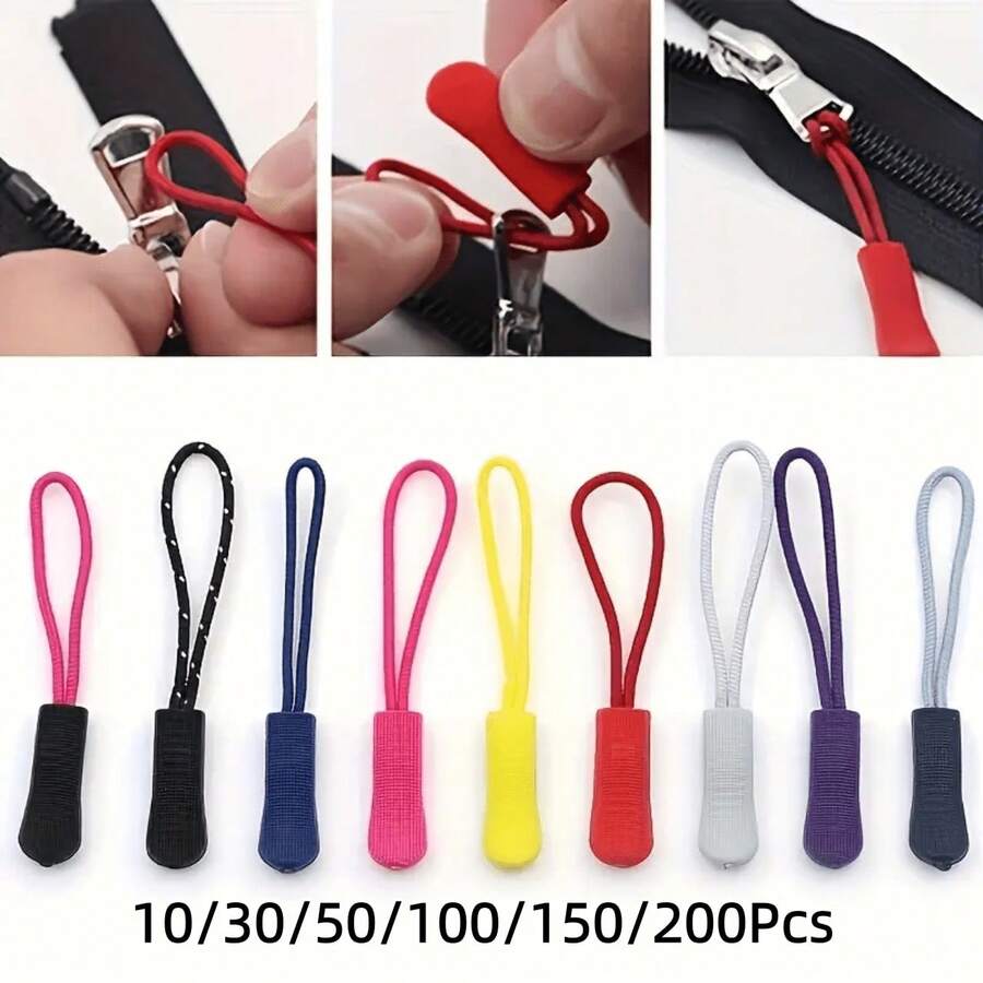 10/30/50/100/150/200Pcs Mixed Color Zipper Pull Replacement Tags, Durable Zipper Rope Extender Fastener, Suitable For Suitcases, Backpacks, Jackets, Wallets, Handbags - Multi-Color Zipper Pull Set - Multicolor - View 1