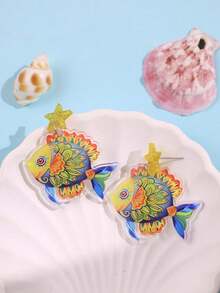 1 par de pendientes de botón creativos con diseño de pez, patrón abstracto colorido de criatura marina de dibujos animados, estilo bohemio, único y divertido, joyería casual y versátil para mujer para fiestas - Multicolor - Ver 2