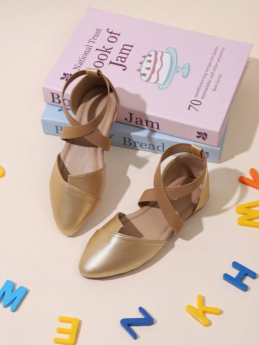 1 Pair Kids Summer Closed-Toe Sandals, Pointed Toe Elastic Cross Strap Slip-On Gold Versatile Party Sandals, Suitable For Shopping, Outfit Matching, School Performances, Outdoor Play - Gold - View 1