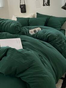 Blue And White Color Block Washed Polyester Fiber Skin-Friendly 3 PiecesDuvet Cover Set - Dark Green - View 3