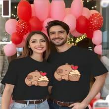 Women's Casual Cotton Short Sleeve Round Neck T-Shirt with Cute Capybara and Cupcake Graphic Print, Regular Fit. Perfect for Valentine's Day or a cute date. - Negro - Ver 1