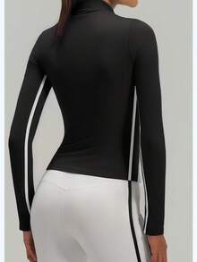 CZJ Chaqueta deportiva entallada para mujer con franjas en contraste, cuello alto con cremallera, manga larga, tela elástica de secado rápido, ideal para entrenamiento diario - Negro - Ver 2