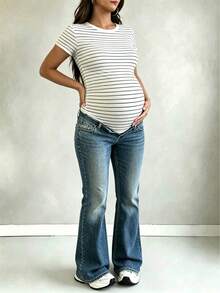Parara Maternity V-Neck Striped Short Sleeve Ribbed Knit High Stretch T-Shirt Summer - Black and White - View 5