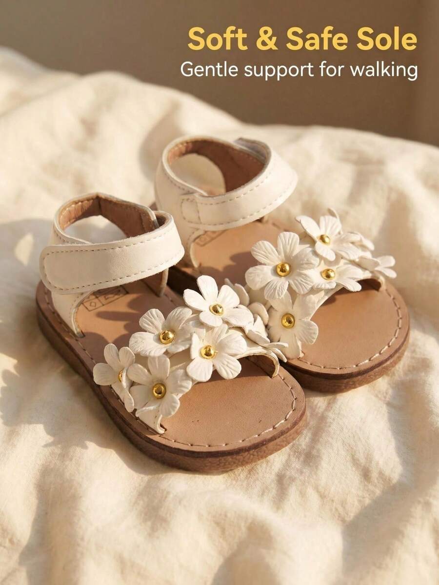 1 Pair 2026 New Girls' Sandals, Featuring Minimalist Sweet Floral Design, Suitable For Daily Outings, Play And Holiday Celebrations - Beige - View 1