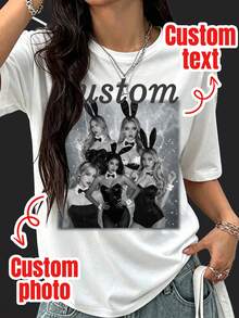 90年代復古饒舌兔女郎客製化照片T恤，寬鬆DIY T-Shirt，偶像印花上衣，女團&好友客製化設計 白色夏季款 - 白色 - 查看 3