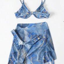YijiaNvz Swim  Paquete de 3 trajes de baño con sujetador con aros y estampado de mármol y falda para playa de verano - Amarillo - Ver 5