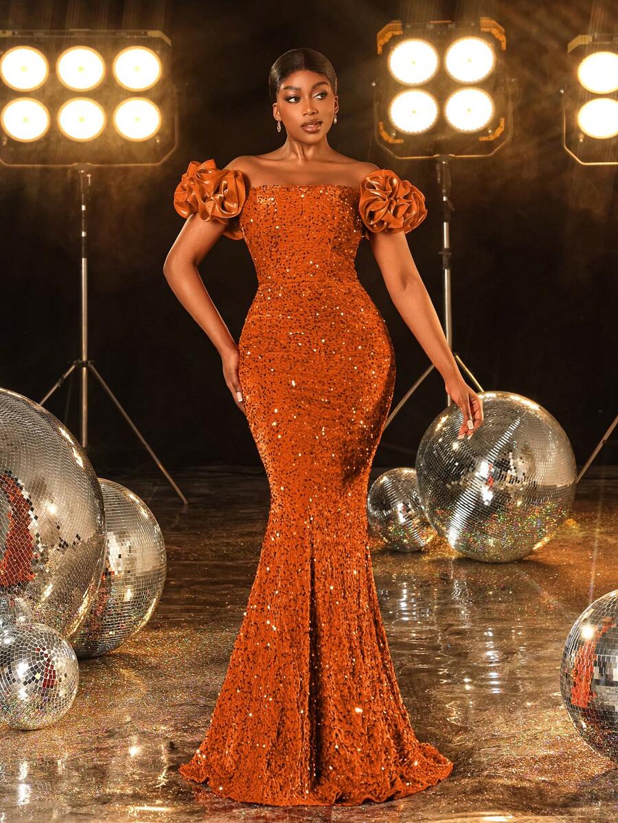 Faeriesty Đầm đuôi cá đính sequin thanh lịch, thiết kế trễ vai, lấp lánh sang trọng, phù hợp cho nhiều dịp khác nhau như tiệc tối trang trọng, hộp đêm lấp lánh, thảm đỏ của người nổi tiếng, tiệc tùng, trang phục dự đám cưới và các buổi tiệc trang trọng.