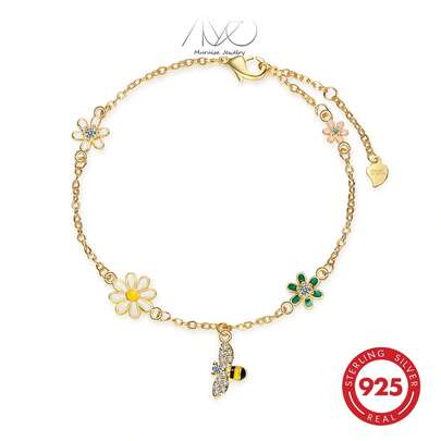 925 Silver Colorful Flower Bracelet For Women, Inlaid With Zirconia And Cute Bees, Lovely Jewelry Gift For Her, Summer