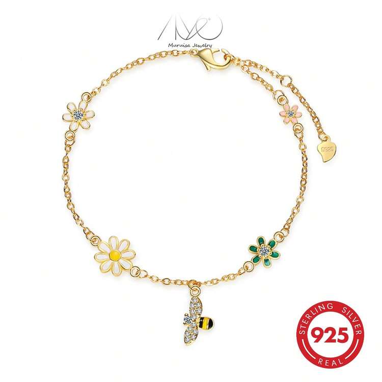 925纯银彩色花朵手链，镶嵌锆石和可爱蜜蜂，精美首饰，夏季送给她的礼物 - 金色 - 查看 1