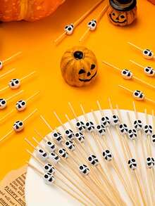 100pcs/Set Skull Fruit Picks, Rooster Tail Picks, Creative Hamburger And Pastry Picks, Bamboo Skewers. Suitable For Christmas And Day Of The Dead Theme Parties, Enhance Party Atmosphere, Rooster Tail Picks - View 8