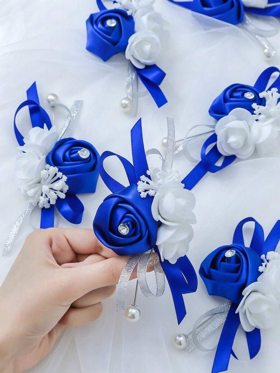 1pc/6pcs Premium Rose With Foam Baby's Breath Elegant Boutonniere Suitable For Groom, Groomsman, Father, Father-In-Law Wedding, Marriage, Engagement, Events, Parties, Banquets, Evening Parties, Anniversary - Royal Blue - View 1