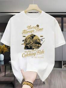 Camiseta estampada de algodón% para hombre, estilo vintage con temática de pesca, unisex (para hombres y mujeres), material cómodo, de manga corta, adecuada para todas las estacione - Negro - Ver 6