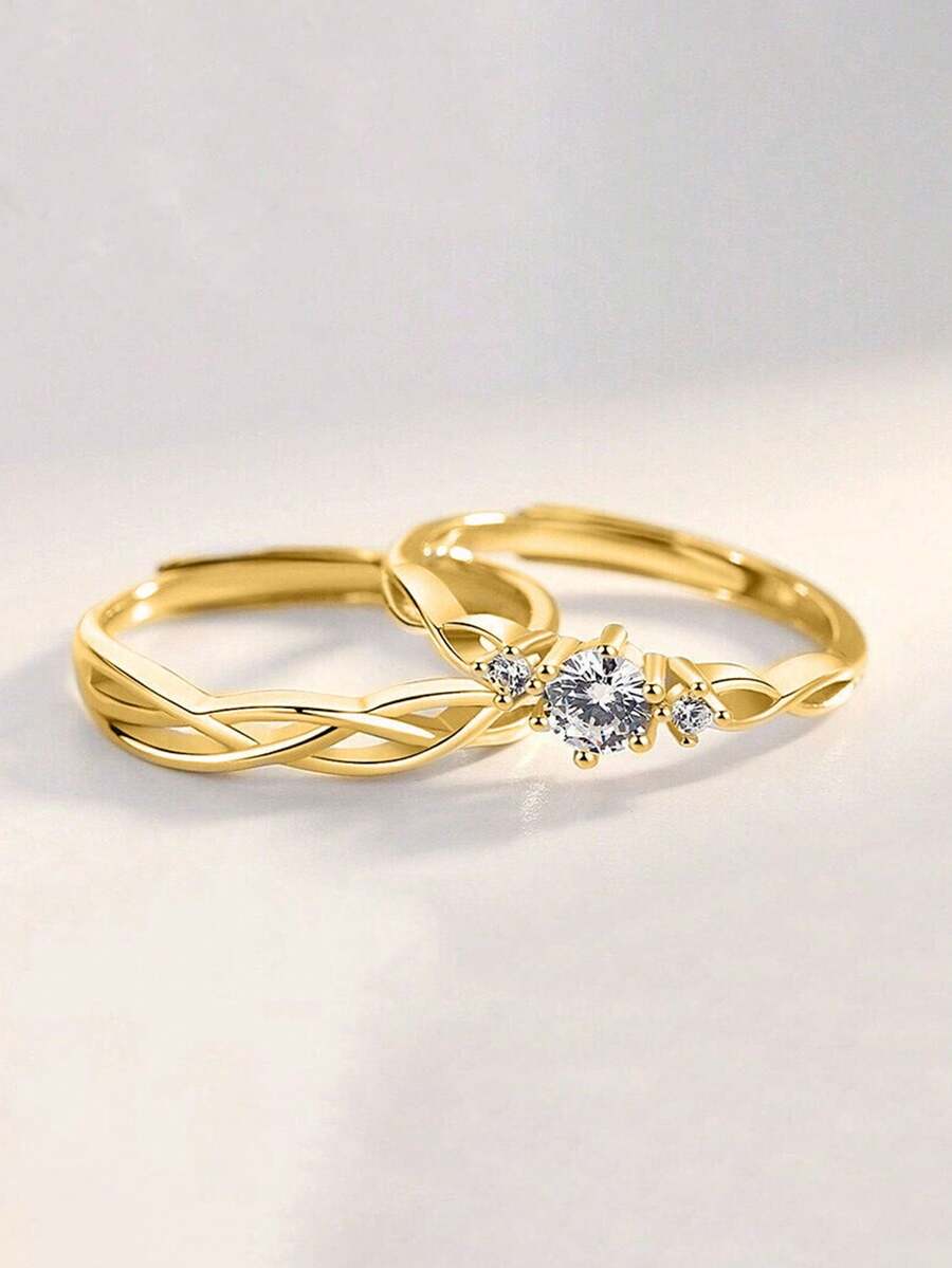 Bộ 2 nhẫn đôi thanh lịch đính đá Cubic Zirconia, vòng nhẫn điều chỉnh được, chống phai màu, không gây dị ứng, trang sức quà tặng đám cưới và kỷ niệm lãng mạn - Vàng - Xem 1
