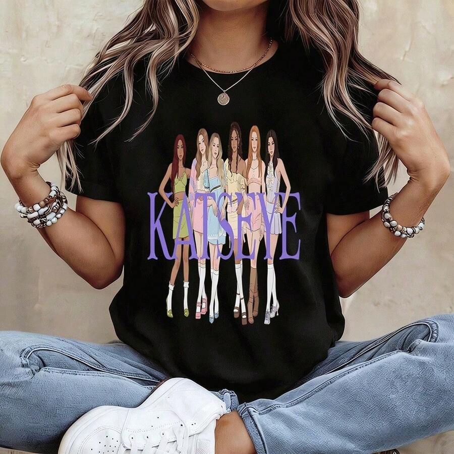 Camiseta estampada KATSEYE de cuello redondo, top deportivo informal para fans, camisetas a juego para la familia, camisetas de algodón de manga corta con cuello redondo y estampado gráfico - Negro - Ver 1