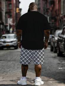 Plus Size Men's 2-Piece Outfit, Men's Street Casual Minimalist Series "Black & White Plaid Faux Pocket" Pattern Sports Set - Polyester Knit Fabric, Crew Neck Design, Drawstring Shorts, Pocket Details, Regular Fit, Suitable For Plus Size Body - Black - View 3