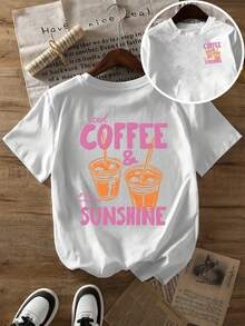 Plus-Size Damen-Sommerkleidung mit Eiskaffee- und Sonnen-Cartoon-Print, neuer Sommerstil, kurzärmeliges T-Shirt-Oberteil, modisches lässiges bedrucktes T-Shirt, stilvolle Damenkleidung. - Weiß - Übersicht 1