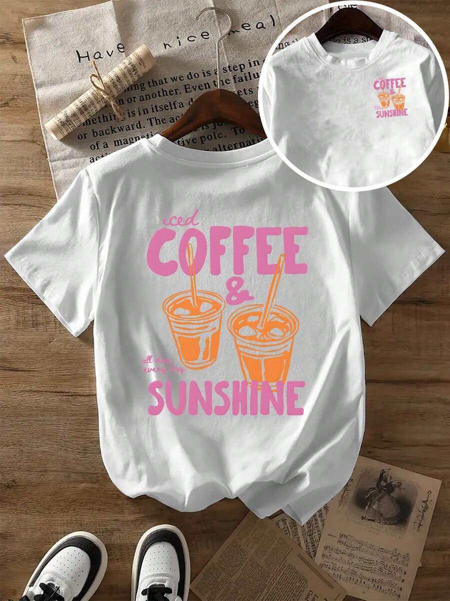 Plus-Size Damen-Sommerkleidung mit Eiskaffee- und Sonnen-Cartoon-Print, neuer Sommerstil, kurzärmeliges T-Shirt-Oberteil, modisches lässiges bedrucktes T-Shirt, stilvolle Damenkleidung. - Weiß - Übersicht 1