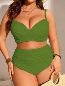 Swim Lushoire Conjunto de bikini tankini de talla de unicolor con recogido para la playa de verano - Verde - Ver 1