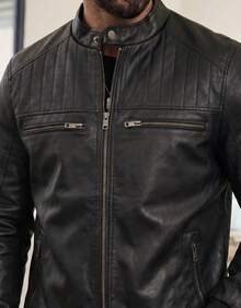 Jaqueta Masculina De Couro Masculino Resistente Com Ziper E Peluciada - Preto - Visão 5