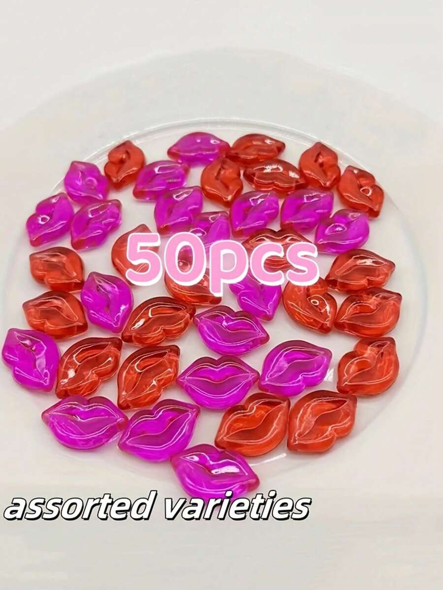 50pcs Lip-Shaped Resin Beads Mixed Colors - Wedding And Party Jewelry Making Supplies, Tabletop Decor Accessories - Multicolor - View 1
