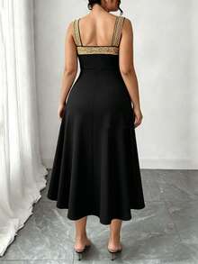 Plus Size Elegant Fitted Spaghetti Strap Dress, Gold Sequin Trim On Straps And Bust, Stretchy Fabric, Inclusive Fit, A-Line Dress Black - Black - View 5