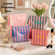 Personalized Striped Makeup Bag With Tassel, Portable Cosmetic Pouch For Travel, Makeup, Toiletries & Daily Beauty Storage, Gift For Girl - Multicolor - View 1