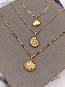 3pcs Fashion Ocean Style Stainless Steel Necklace Set, Shell/Conch Pendant, Suitable As Gift - Yellow Gold - View 2