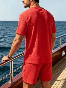 JINYA Men's Summer Daily Minimalist Casual Vacation Light Sporty Short Sleeve Straight Leg Set Home Outdoor City Regular Street Casual Vacation Youth Simple Campus Vintage Versatile Textured Elegant Personalized Sport - Red - View 2