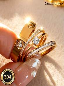 Camhanno 3pcs Elegant Exquisite Stainless Steel 18K Gold Plated Rings, Long-Term Wear Remains Shiny And New - Gold - View 5