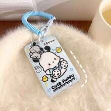 MINISO Sweet Sanrio Pochacco Cinnamonroll 垂直滑動卡套，可愛卡通角色 ID 識別證套，附彈性螺旋圈腕帶掛繩，返校季女學生禮物 - 樣式 3 - 查看 3