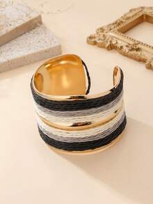 1pc Raffia Woven Metal Open Cuff Bracelet, Bohemian Style Color Block Bangle, Vintage Versatile Accessory For Daily Commute, Office, Afternoon Tea With Friends, Beach Vacation, Spring Outings, Minimalist / French / Commuter Style - Black and White - View 11