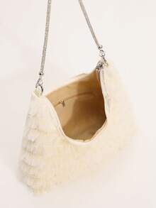 Bolso de hombro tipo hobo con minifalda de malla beige con borlas y brillantes de strass para mujeres, adecuado para vacaciones y compras (patrón floral aleatorio) - Beis - Ver 7