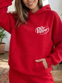 Letter Graphic Oversized Hoodie, Bright Red Not Burgundy, Y2K Style Fall Winter Christmas Outfit - Red 1 - View 1