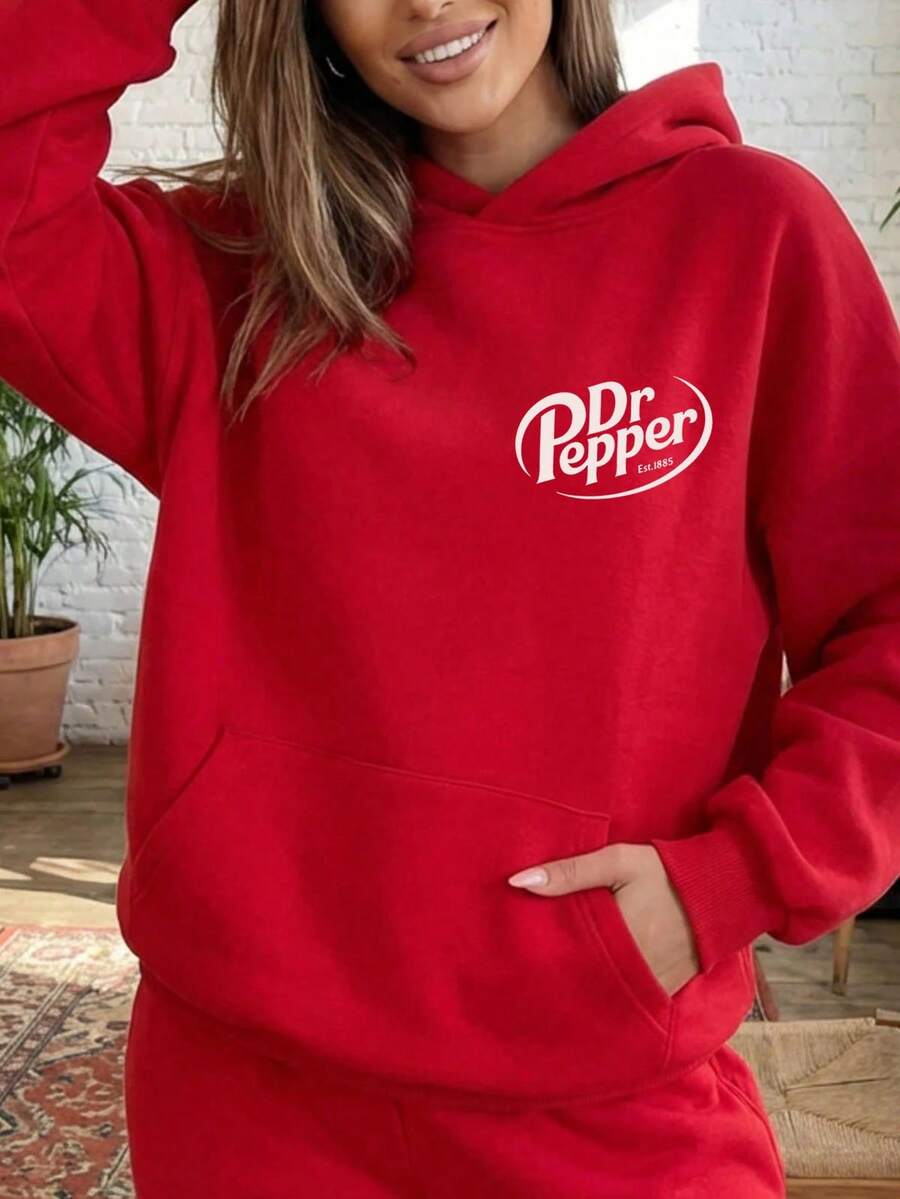 Letter Graphic Oversized Hoodie, Bright Red Not Burgundy, Y2K Style Fall Winter Christmas Outfit - Red 1 - View 1