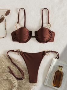 Women's Vacation Style Steel Color Tote Bikini 2 Pieces Set, With Shoulder Straps And Metal Waist Decoration Beach - Coffee Brown - View 2